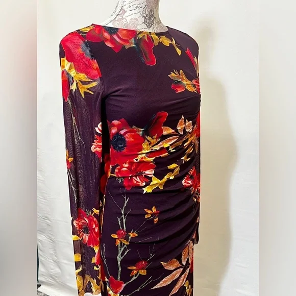 FUZZI Dark burgundy floral stretch midi dress size S/M.‎